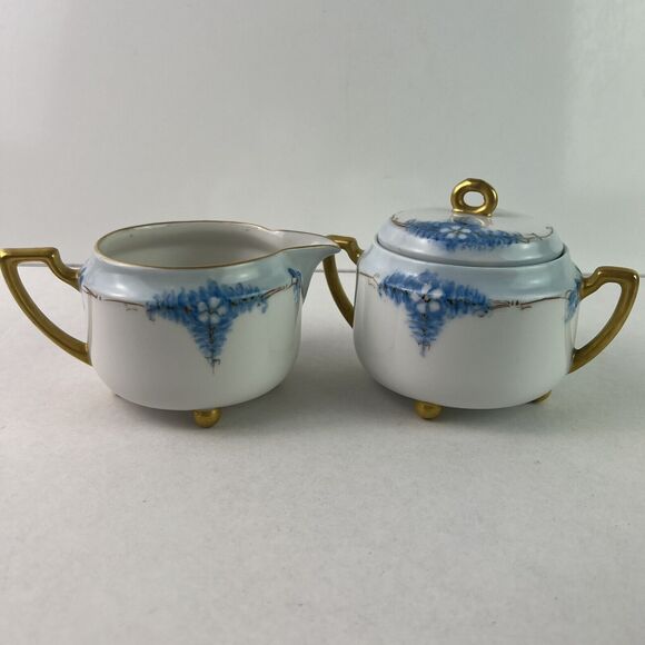 Vintage Epiag Czechoslovakia Footed Cream and Sugar Bowl Blue With Daisies - Picture 1 of 13